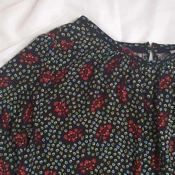 Loft Floral Lace Trim Smocked Cuff Blouse, Color Black/Turquoise/Red Size SP - Picture 4 of 15